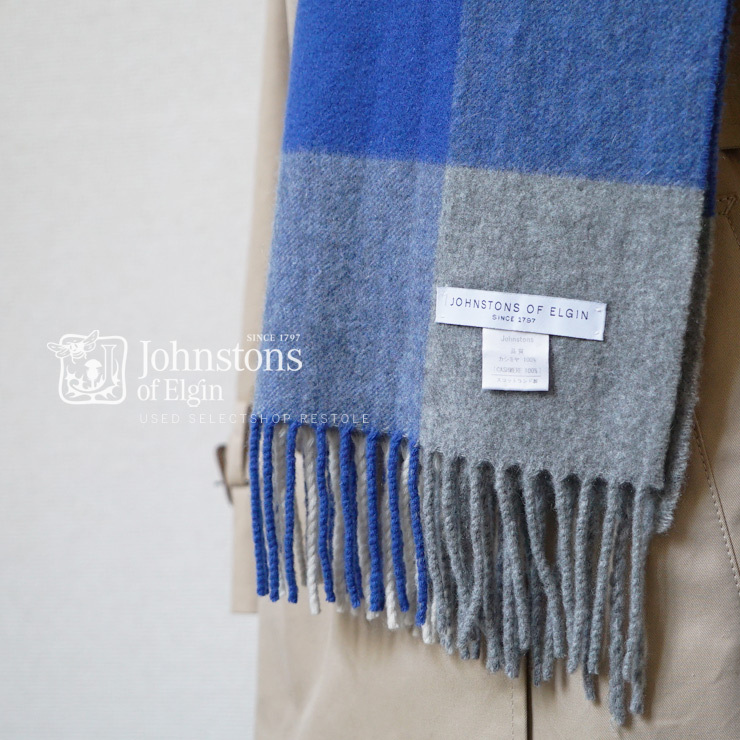 日本別注 正規品 ジョンストンズ カシミヤ大判ストール ブロックチェック グレー ブルー アイボリー カシミア 100 希少 中古ジョンストンズ カシミヤストール専門店 かしみ屋 ユーズドセレクトショップ