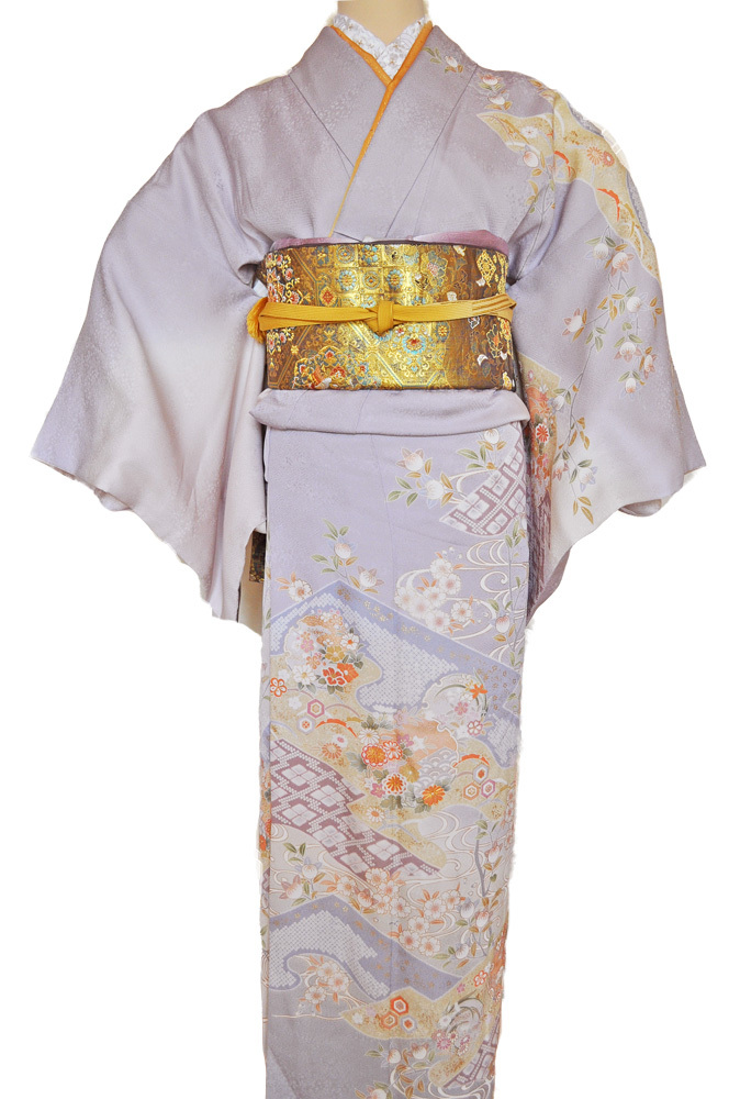 レンタル着物163「訪問着レンタル」極薄紫さや型生地に上品な桜・橘・鹿の子・流水などの柄【往復送料無料】 - 画像2