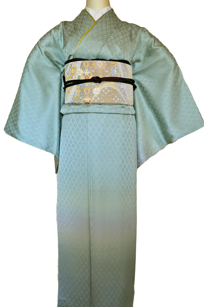 ワイドサイズ(トール&ワイド)■訪問着レンタル■薄萌黄綸子に橙色等の段暈しhuwide8〔往復送料無料〕 - 画像2