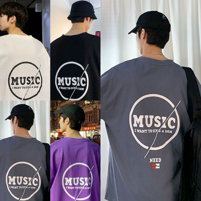 韓国ファッション Tシャツ ユニセックス 半袖 Tシャツ メンズ レディース MUSIC 英字 バックプリント オーバーサイズ 大きいサイズ ルーズ ストリート