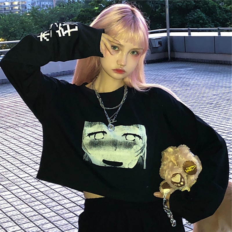 【人気】トップ女性2019新バージョンのins原宿スタイルの暗いレトロな漫画の印刷緩いショート長袖Tシャツ ロング かわいい 新作 定番