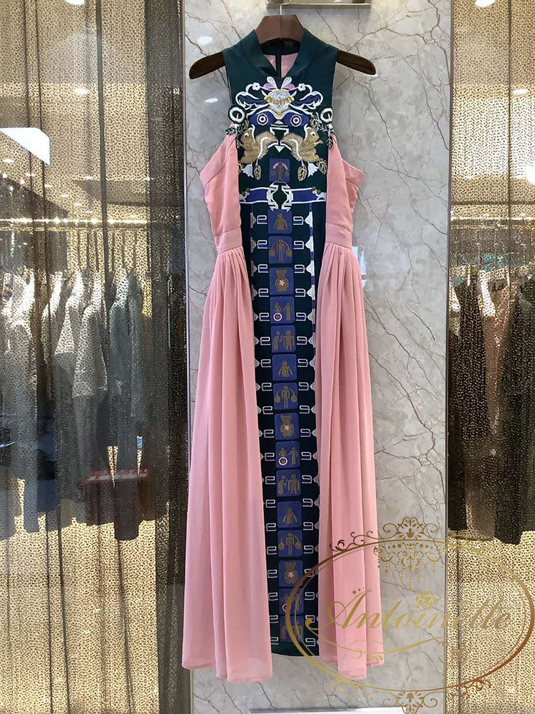 中華 ドレス ディナー パーティー インポート ワンピース 個性的 Runway Fashion Women Dress Summer High Quality Sleeveless Flower Embroidery V Neck Patchwork Long Party Dress Antoinette