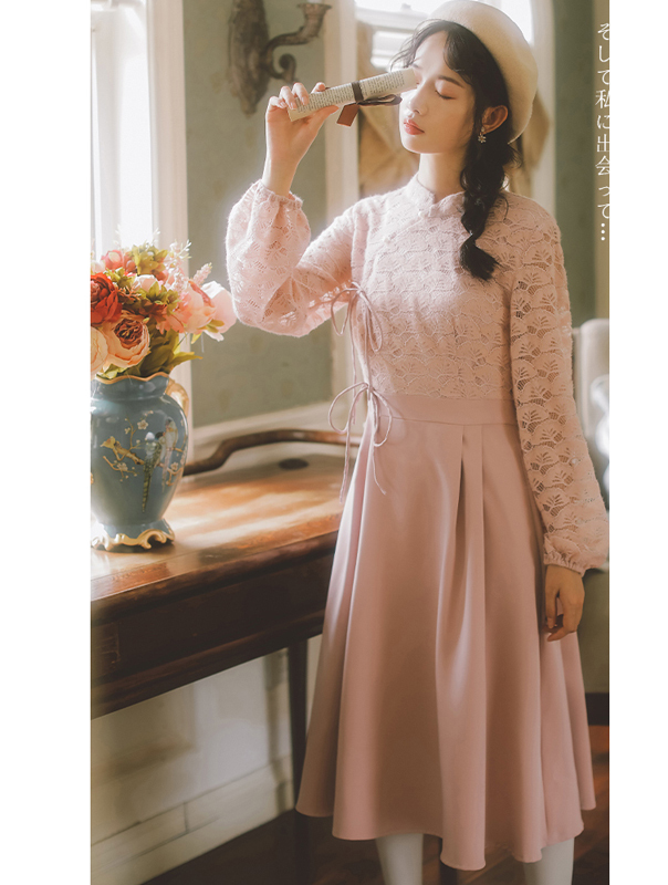 ロング丈ワンピース チャイナ風ワンピース チャイナ風普段着 改良漢服 レディースファション S M L スタンドネック 長袖 着痩せ レース 切り替え ピンク Dresszone