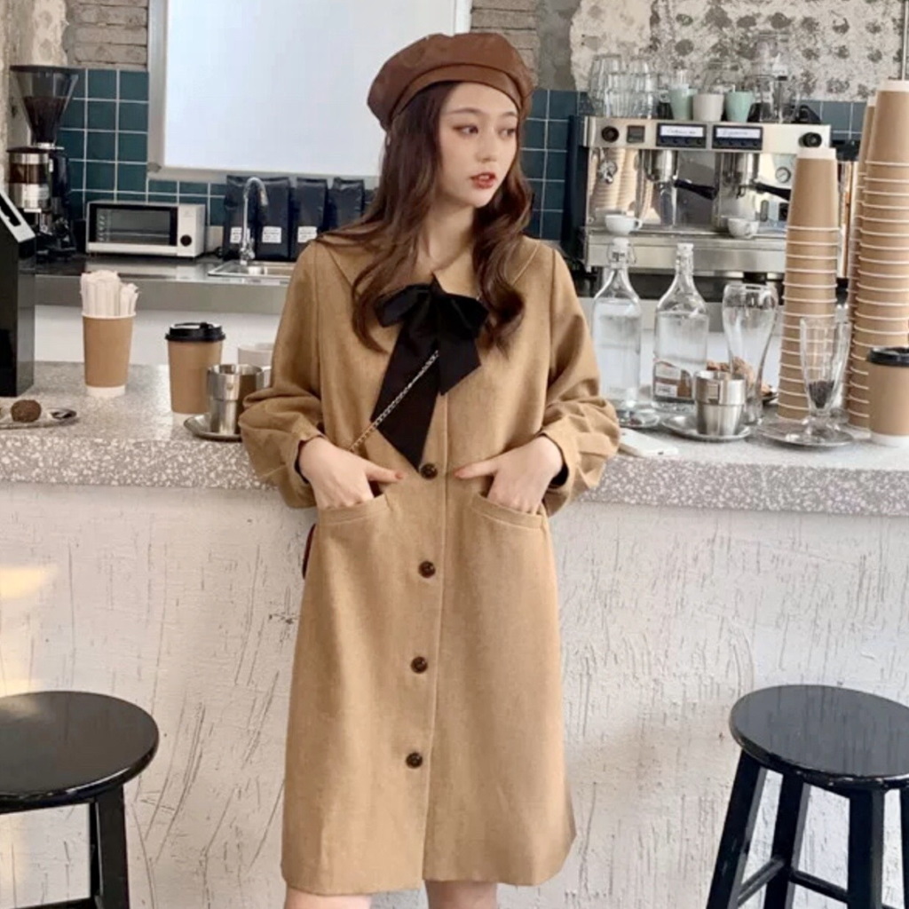 レトロ リボン タイ ブラウス ワンピース レディース 秋 冬 服 ミニ 丈 長袖 オルチャン ファッション ガーリー 暖かい 前開き Op 0509 Happy Orurea ハッピーオルレア