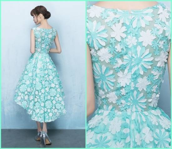 パーティードレス ブルー スリム ノースリーブ ショート 花柄 大人かわいい お呼ばれ 披露宴 ショート ノースリーブ 花柄 Dresweet 結婚式お呼ばれドレス専門店