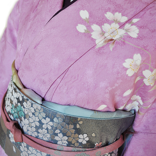 訪問着レンタル■ローズ色に裾濃淡桃ぼかしそして桜の花柄が鮮やかに■正絹フリーサイズhu4〔往復送料無料〕 - 画像1