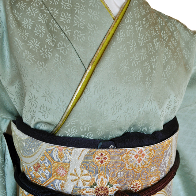 ワイドサイズ(トール&ワイド)■訪問着レンタル■薄萌黄綸子に橙色等の段暈しhuwide8〔往復送料無料〕 - 画像1