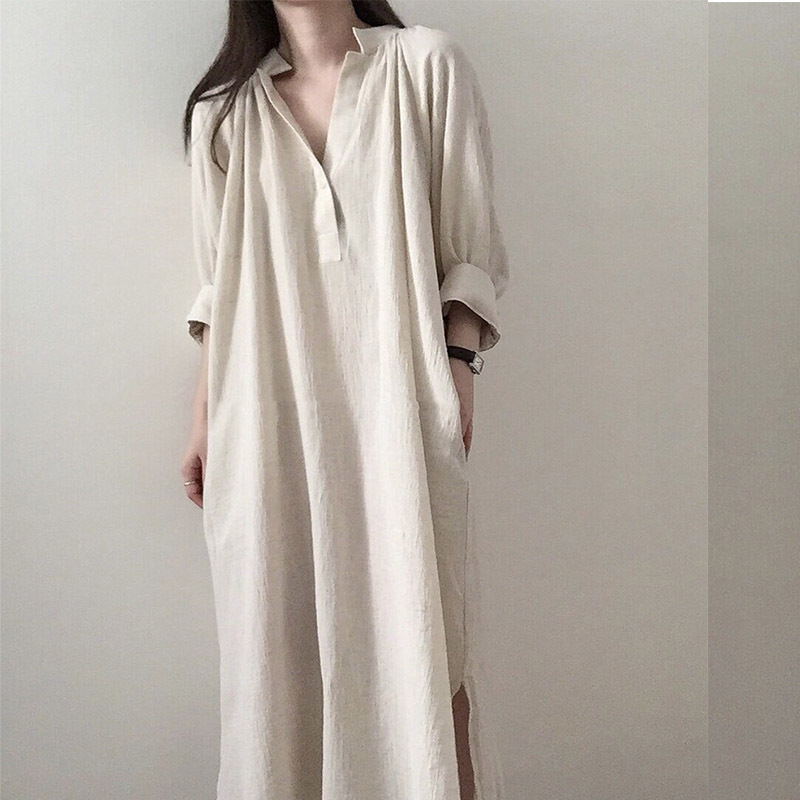 即納 ワンピース ヘンリーネック ゆったり 体型カバー リネン ロング丈 こなれ感 シンプル 七分丈 ボリューム袖 春夏 お出かけ デート 長袖 レトロ フレア 無地 Eine Katze