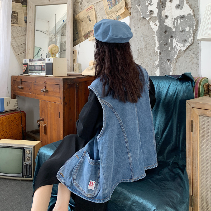 【人気】Vネックデニムレディースベスト緩い短い三次元ポケットベストツーリングベスト ショート オータム 秋物 新作 定番 レディース【送料無料