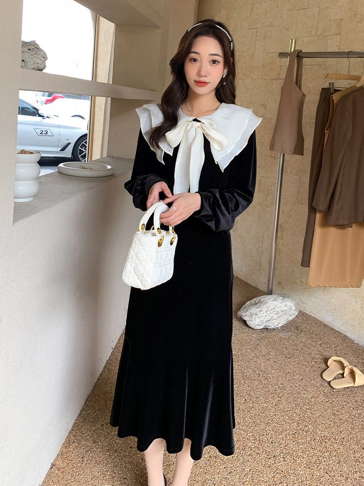 販売時間 ベロアワンピース ロング丈 長袖 ラウンドネック 襟付き ラペル リボン ハイウエスト カウンター販売 Ssl Daikyogo Or Jp