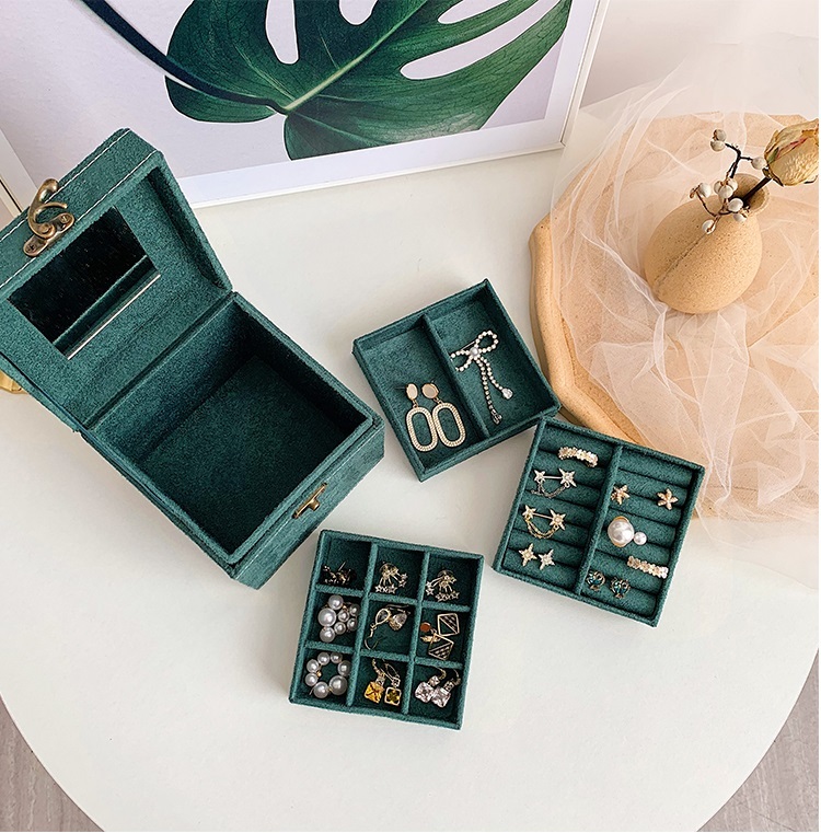 送料無料 ジュエリーボックス 大容量 可愛い アンティーク風 アクセサリー 収納 ケース ミラー 引き出し おしゃれ 持ち運び 鏡付き ジュエリー ケース 化粧箱 アクセサリーケース アクサセリーポーチ ファッションボックス グリーン 緑 無地 スクエアボックス マット