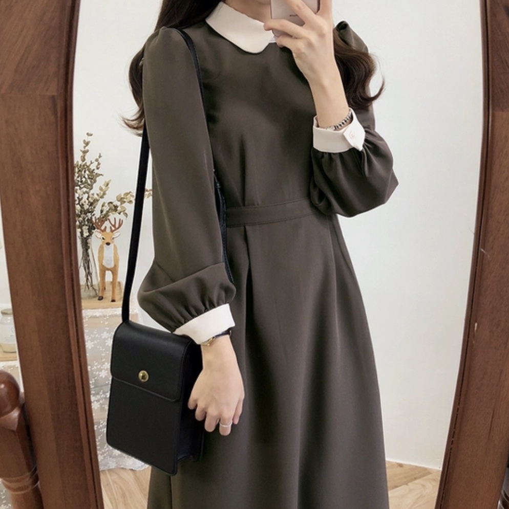 レトロ フレア ワンピース レディース 秋 冬 服 ロング 丈 長袖 韓国 ファッション かわいい ブラウス 制服 学生 風 OP0428
