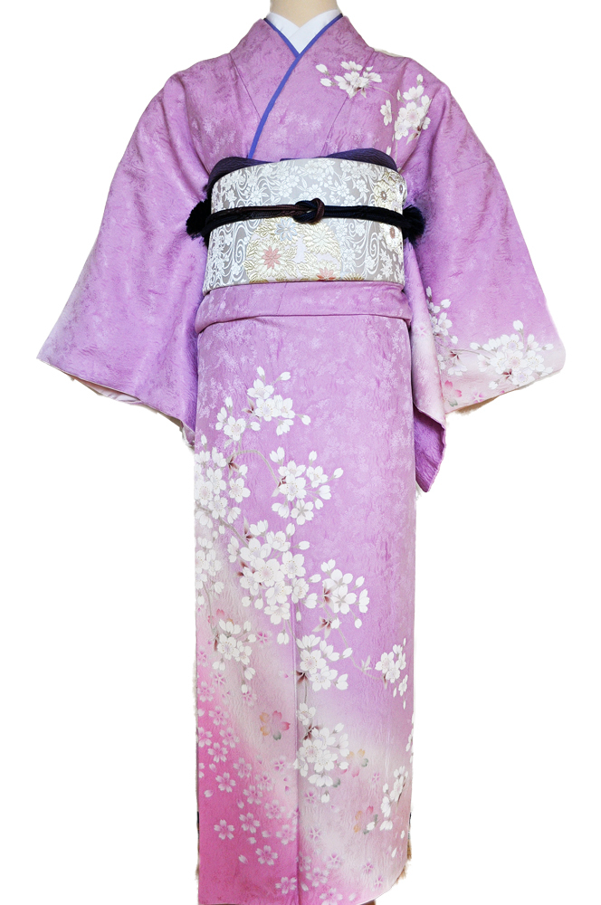 訪問着レンタル■ローズ色に裾濃淡桃ぼかしそして桜の花柄が鮮やかに■正絹フリーサイズhu4〔往復送料無料〕 - 画像2