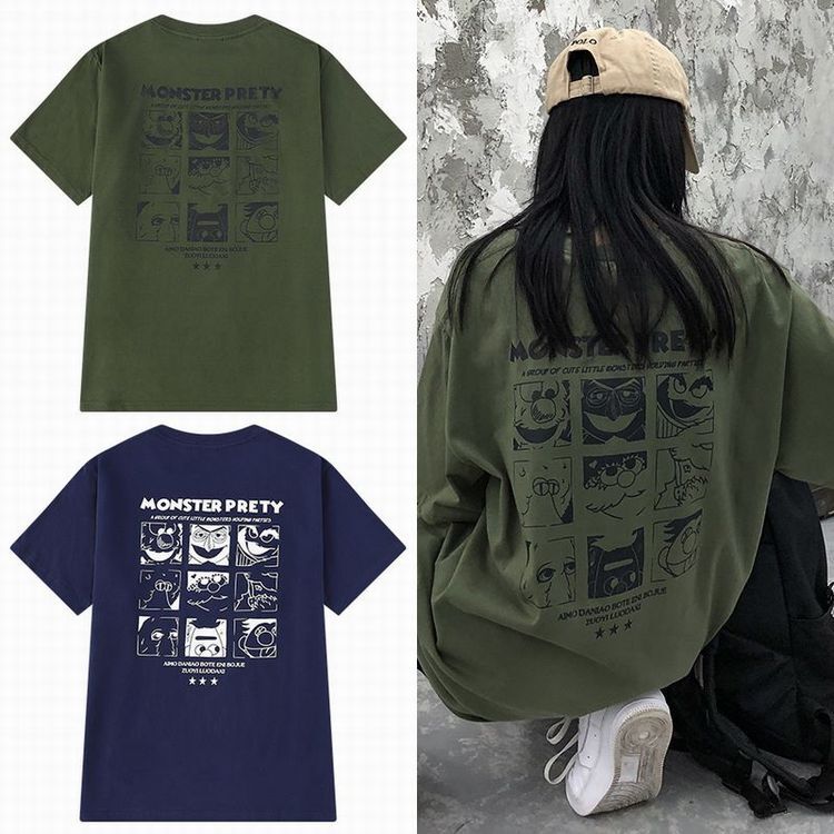韓国ファッション Tシャツ ユニセックス 半袖 Tシャツ メンズ レディース 英字 MONSTER PRETY モンスタープリント オーバーサイズ 大きいサイズ ルーズ ストリート