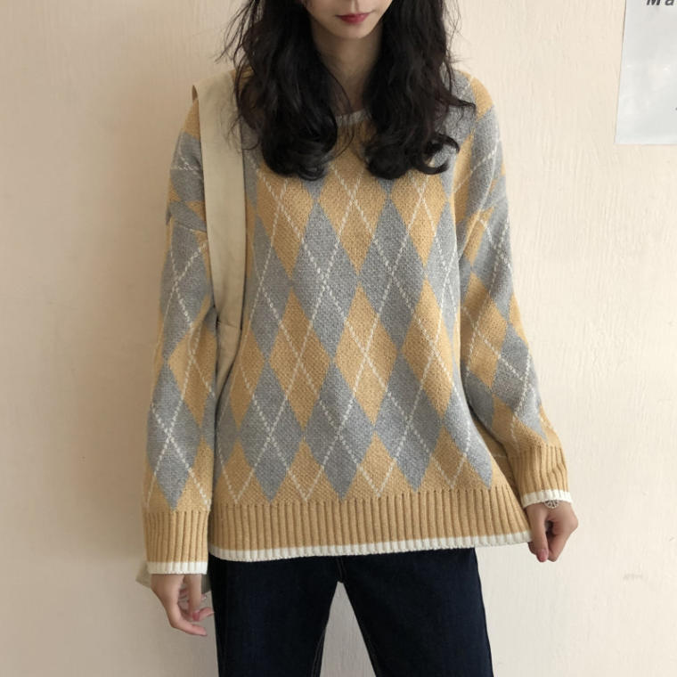 送料無料 ニット ニットプルオーバー アーガイル柄 クルーネック クラシカル カジュアル 柄ニット 秋冬 Eine Katze