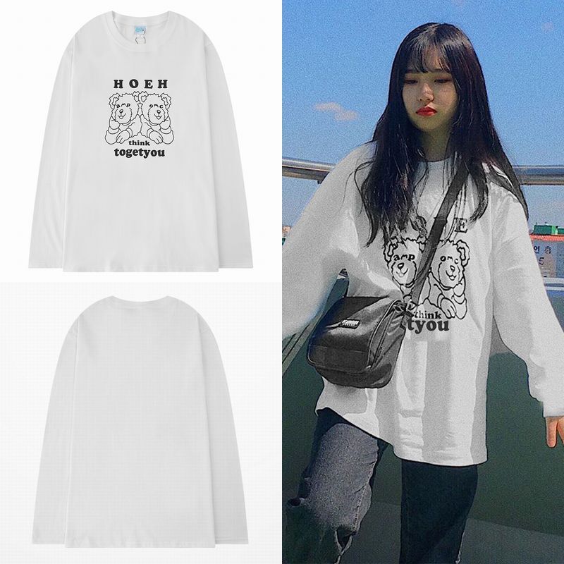 韓国ファッション ロングTシャツ ユニセックス 長袖 Tシャツ メンズ レディース クマ プリント ラウンドネック オーバーサイズ 大きいサイズ ストリート