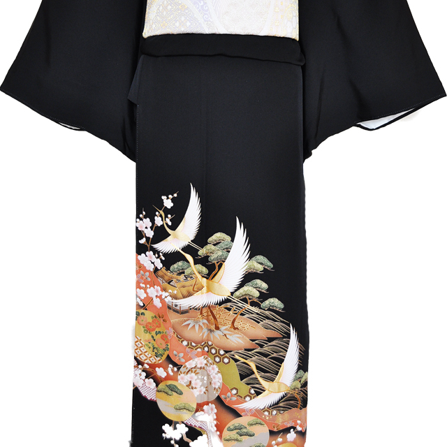 ワイドサイズ(トール&ワイド)■黒留袖レンタル■松竹梅に金彩鶴kurow2【往復送料無料】 - 画像1