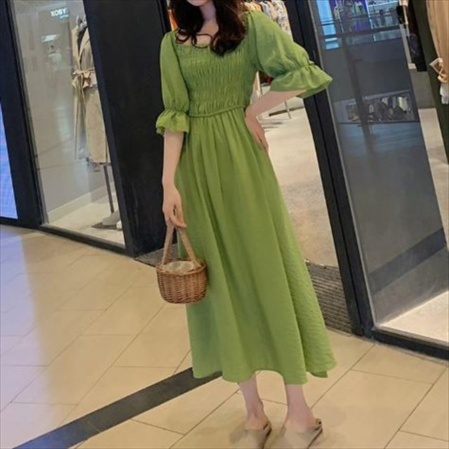 人気 売れ筋 夏 ワンピース ロング丈 フリル シャーリング ハイウェスト スクエアネック フェミニン ナチュラル Ladys Paradise