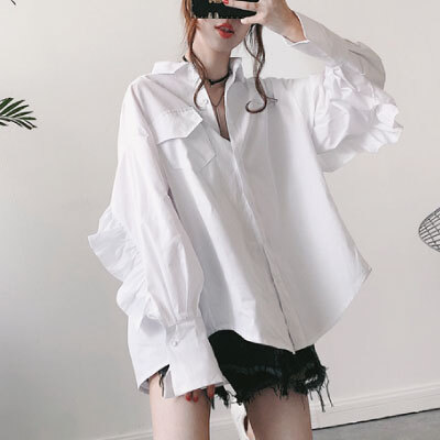 バックフリル シャツ ブラウス オーバーサイズ バックシャン フリフリ かわいい トップス 白 ピンク 水色 春 夏 秋 韓国 チュニック シャツ ボリューム袖 ナチュラル フリル ギャザー 長袖 プチプラレディースファッション通販 Yboueki