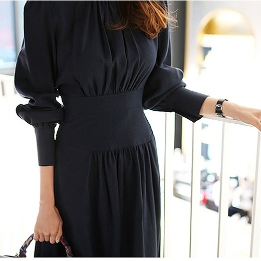 エレガント ハイネックワンピース 長袖 パフスリーブ ミモレ丈 フレアスカート ハイウエスト スタンドカラー 無地 ロングワンピース 結婚式 ドレス 二次会 同窓会 着痩せ 上品 ギャザー お呼ばれ 食事会 フェミニン レディース Me Too