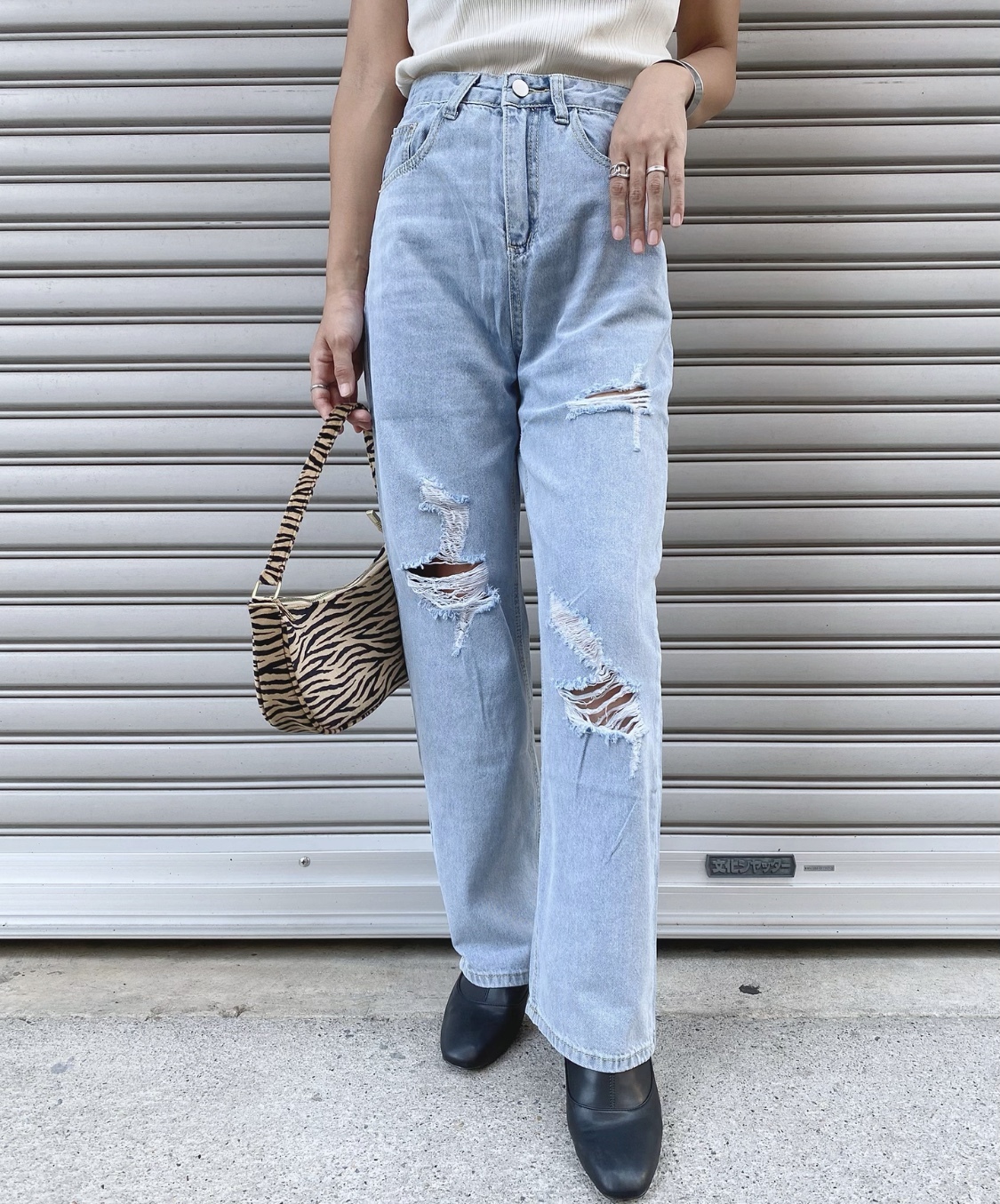 ダメージデニムハイウエストパンツ C Lena