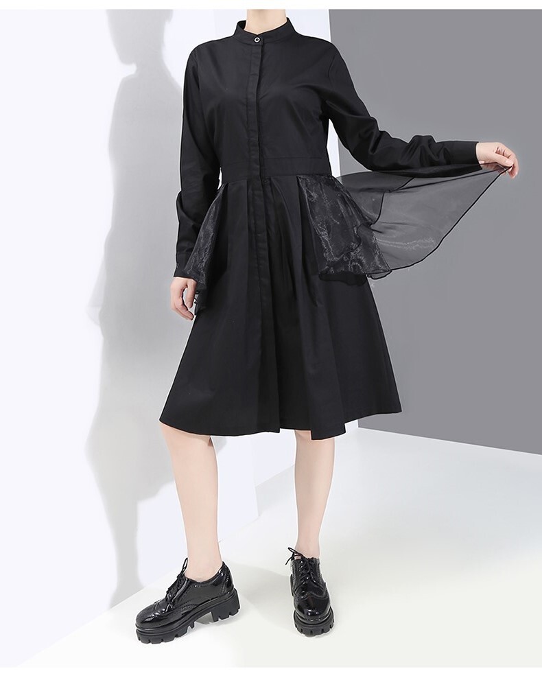 レディース ワンピース 春 夏 秋 膝丈 シャツ ワンピース 黒 白 長袖 ワンサイズ 襟付き 海外子供服専門通販サイト リーファ