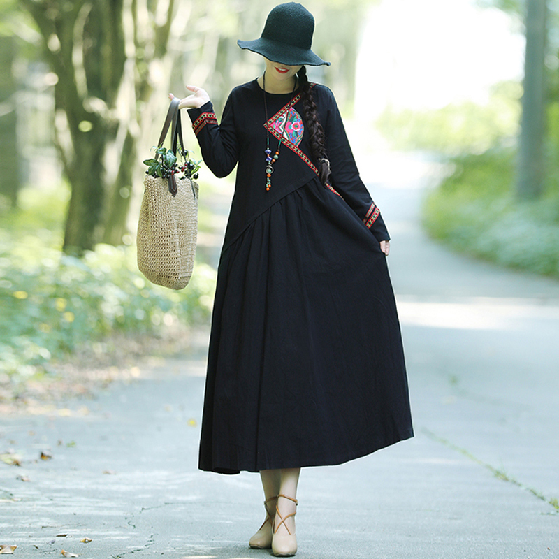 チャイナ風ワンピース チャイナ風服 チュニック カジュアルワンピース 長袖 ラウンドネック ロング丈 マキシ丈 女子会 同窓会 M L Ll ブラック レッド ゆったり Elegant