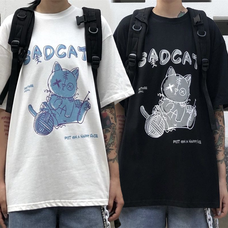 韓国ファッション Tシャツ ユニセックス Tシャツ 半袖 メンズ レディース ラウンドネック ネコちゃん CAT プリント オーバーサイズ 大きいサイズ ルーズ ストリート