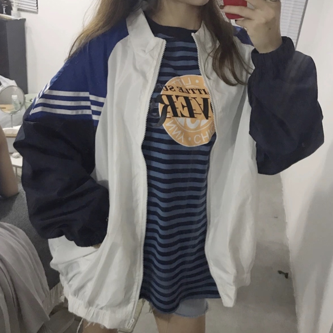 薄手 アウター 大きいサイズ レディース 春 秋 物 長袖 韓国 ファッション 可愛い 10代 ジップアップ 配色 ナイロン Ou 0069 Hapi Hapi Girl ハピ ガル