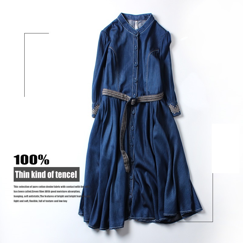 きれいめデニムワンピース シャツワンピ ひざ丈 無地 ベーシック 定番