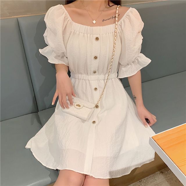 オフショルダーワンピース ワンピース フロントボタン フレア ミニ丈 モノトーン パフスリーブ 袖コンシャス フェミニン ガーリー 大人ガーリー 大人カジュアル カジュアル 夏 春 Op 0967 Y Hapi Hapi Girl ハピ ガル