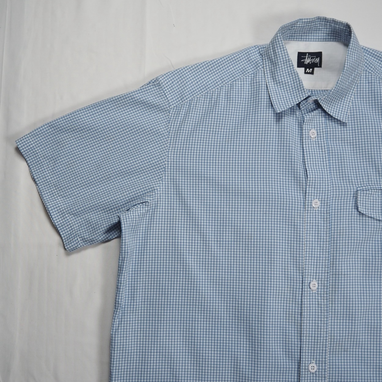 90’s OLD STUSSY 紺タグ 半袖シャツ ライトブルー Mサイズ の画像 9