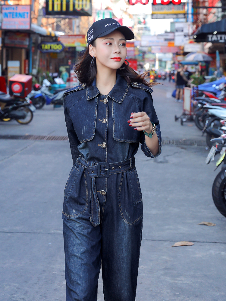 デニムパンツ ジャンプスーツ つなぎ レディース かっこいい きれいめ 長袖 パンツ ズボン ボトムス レディース デニム オーバーオール 大きいサイズ Xl 2xl 春 秋 袖あり 無地 おしゃれ 大人カジュアル コーデ ブルー デニム ジーパン サロペット 個性的 オールインワン