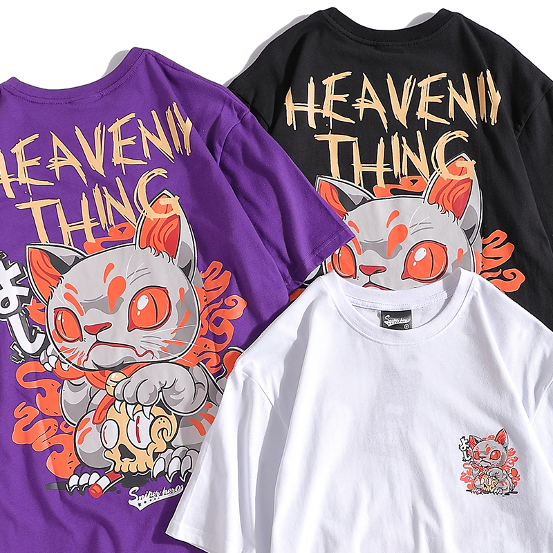 韓国ファッション Tシャツ ユニセックス Tシャツ 半袖 メンズ レディース 招き猫 プリント オーバーサイズ 大きいサイズ ルーズ ストリート