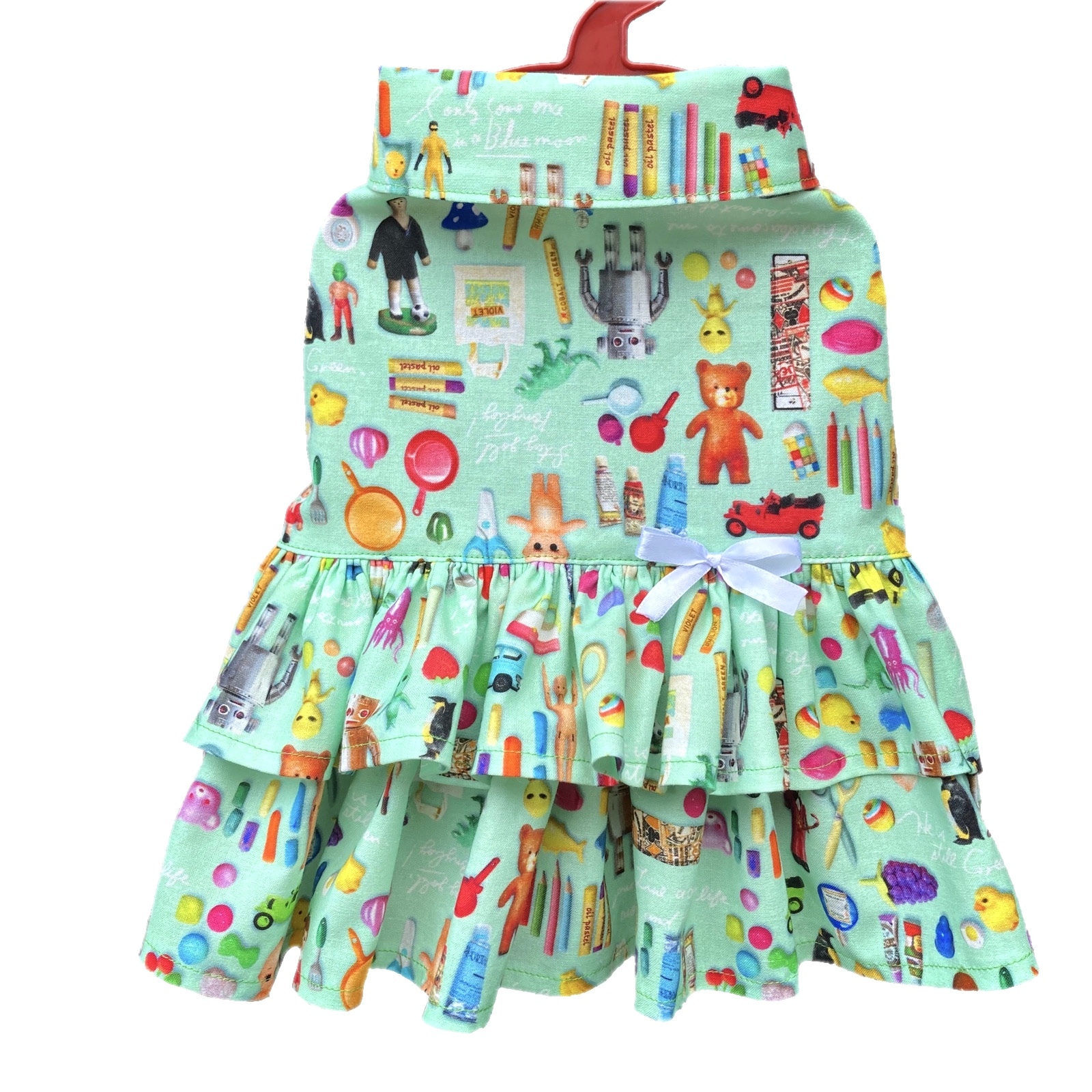 犬服 3号 ワンピース ポップ おもちゃ柄 グリーン Tony Dog Zakka ハンドメイド犬服と雑貨のお店