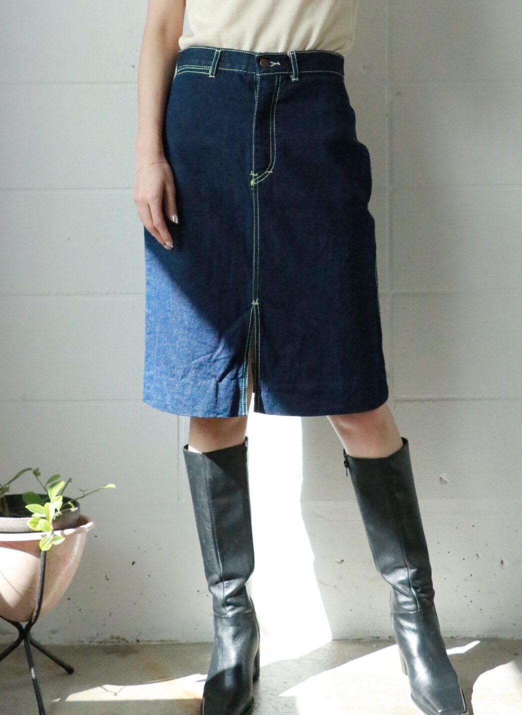 denim skirt and thigh high boots