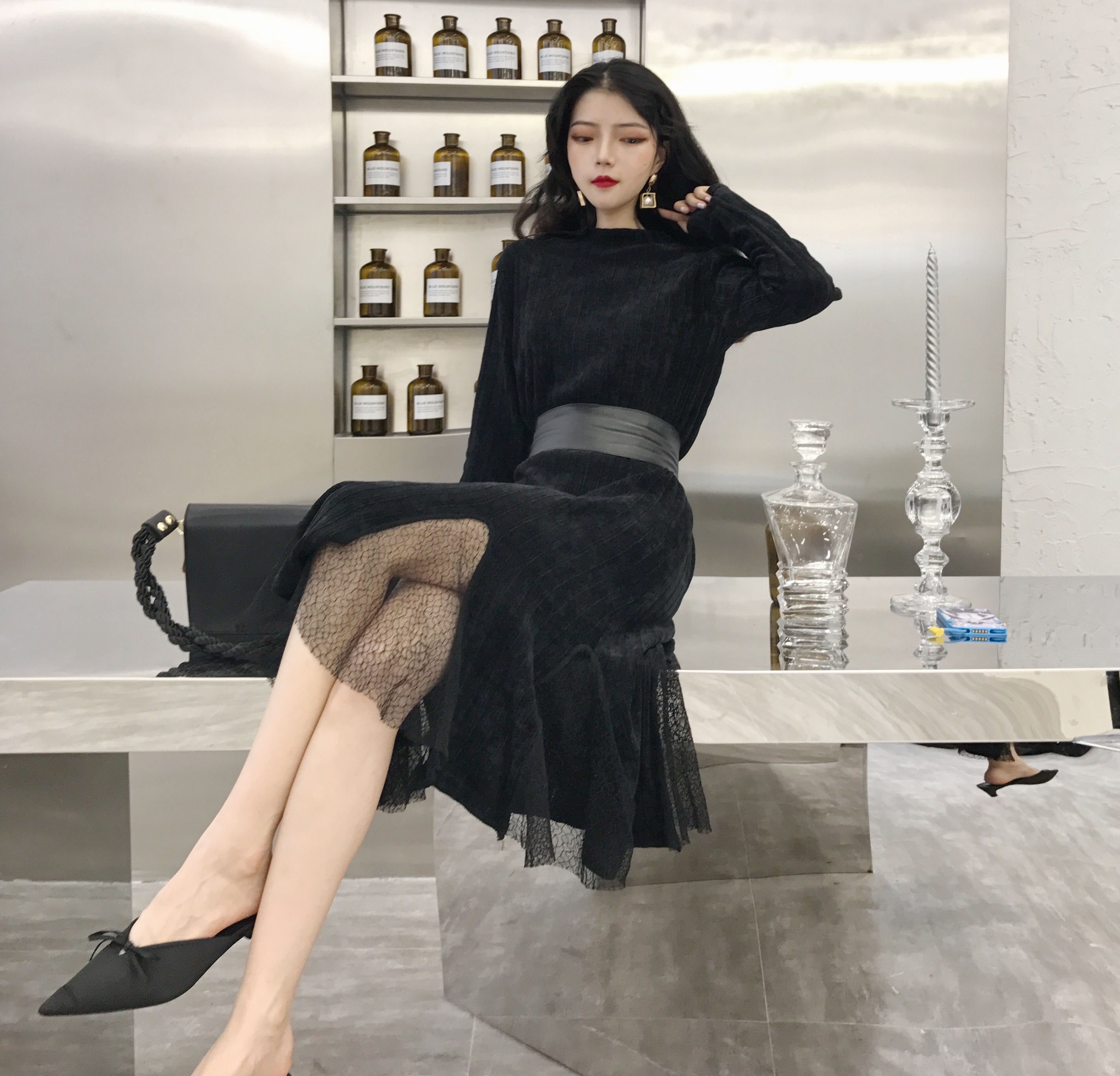 ベロアワンピース レースワンピース ロングワンピース ベロア マキシ丈 ひざ下丈 ウエストベルト 長袖 秋冬 パーティー お呼ばれ Shop Suba