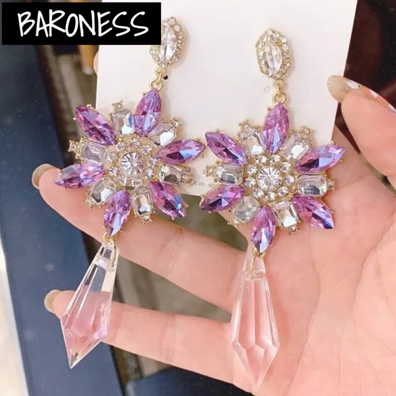 送料無料 ピアス アクセサリー クリスタル 花 ラインストーン キラキラ 春 夏 秋 冬 パープル Baroness