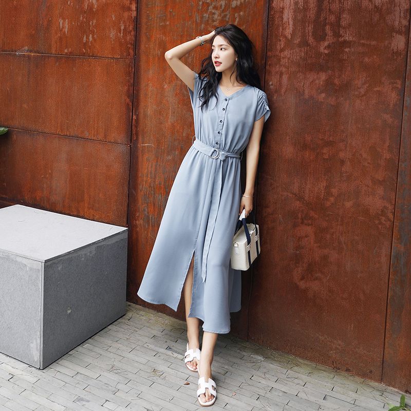 前ボタン 腰ベルト付き ロングワンピース フェミニン デート Dress Seven