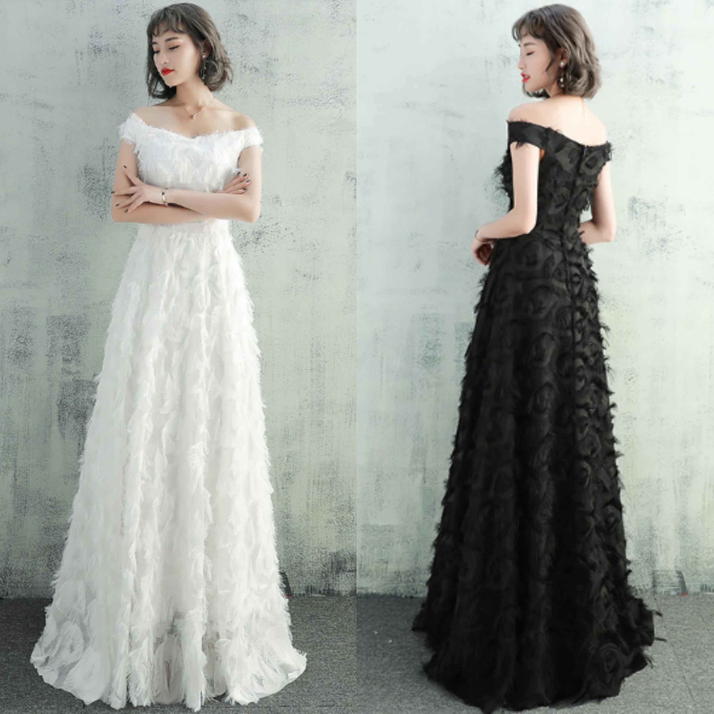 2color フェザー オフショルダー ロングドレス W13 1万円台からのウエディングドレス オーダーメイド 二次会 前撮りドレスならdress Production