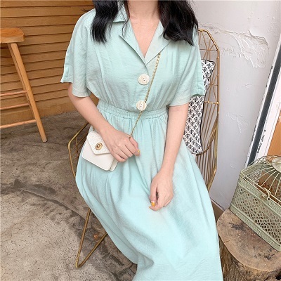 ワンピース 襟付き 開襟 ハイウエスト Vネック Aライン くびれ 体型カバー ゆったり 涼しげ 夏 春夏 サマーワンピース ボタン カジュアル プチプラレディースファッション通販 Yboueki