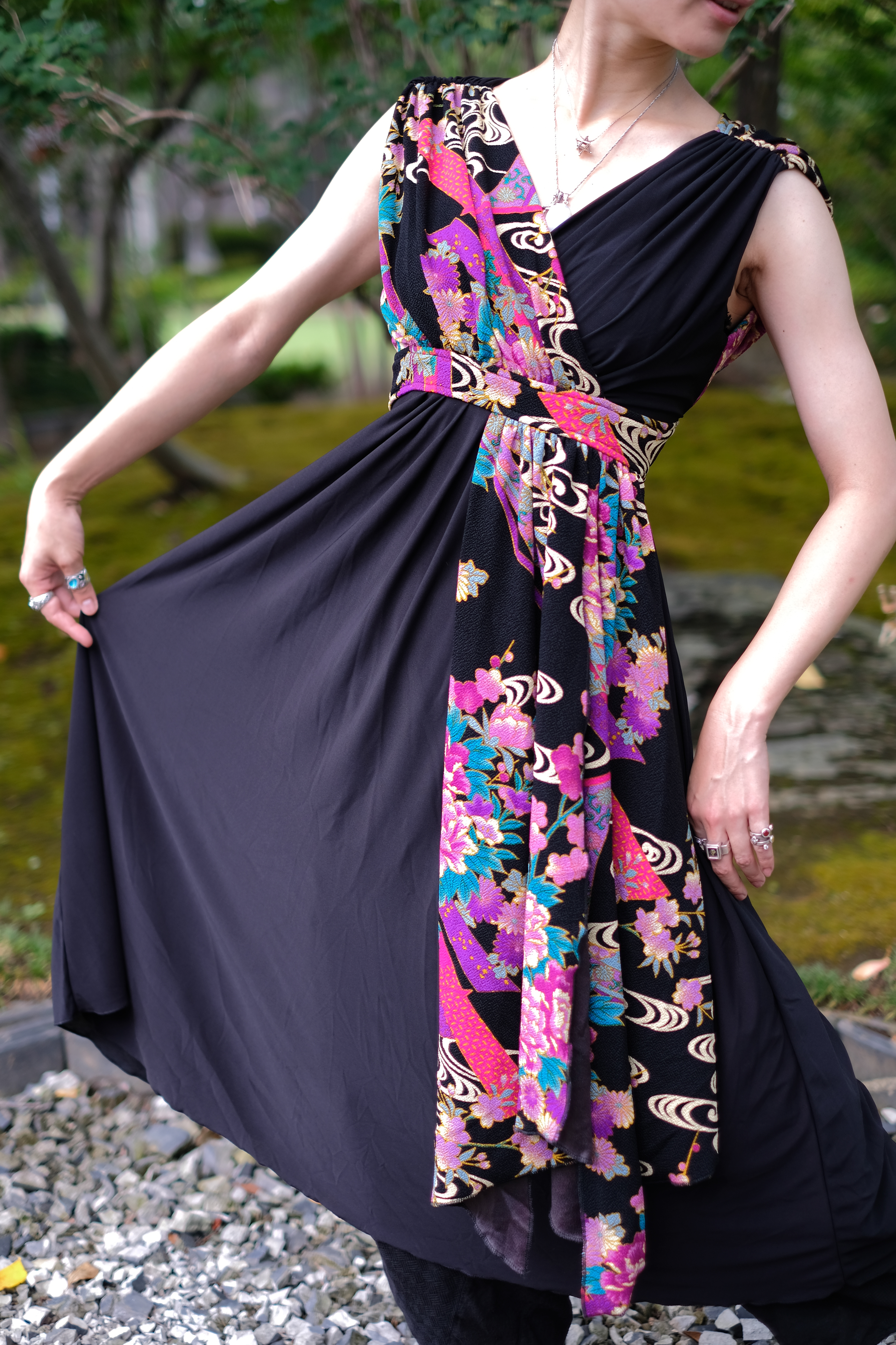 和柄リボンカシュクールロングワンピース Purple Shanit 和柄リボンカシュクールロングワンピース Purple Shanit
