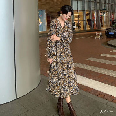 レトロ 花柄 ロングワンピース レディース マキシ丈 長袖 小花柄 クラシカル 3色 重ね着 春 秋 冬 マキシワンピース シック かわいい 大人 きれいめ プチプラレディースファッション通販 Yboueki