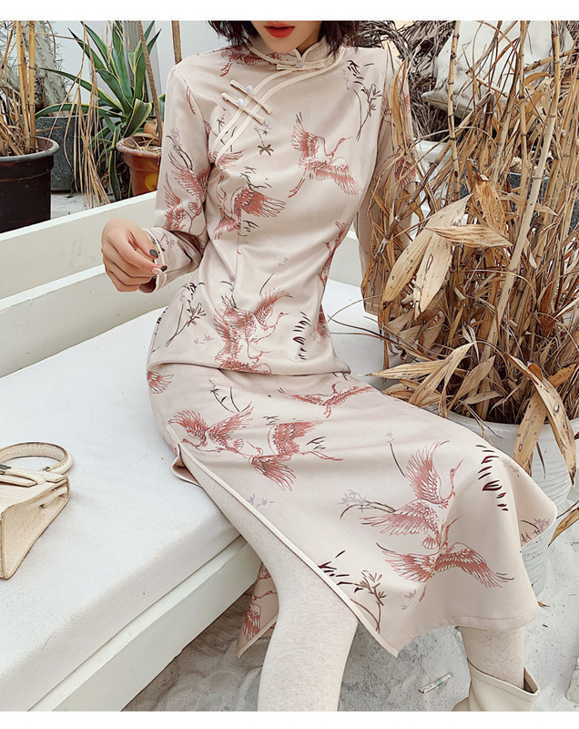 ロングチャイナドレス チャイナ風ワンピース チャイナ風服 中華服 二次会 女子会 同窓会 スタンドネック 長袖 大きいサイズ M L Ll 3l 4l 改良型チャイナドレス 鶴模様 Dresszone