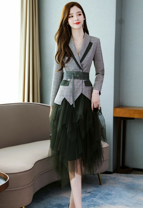 送料無料 スカートスーツ 2点セット セットアップ 秋 チュールスカート