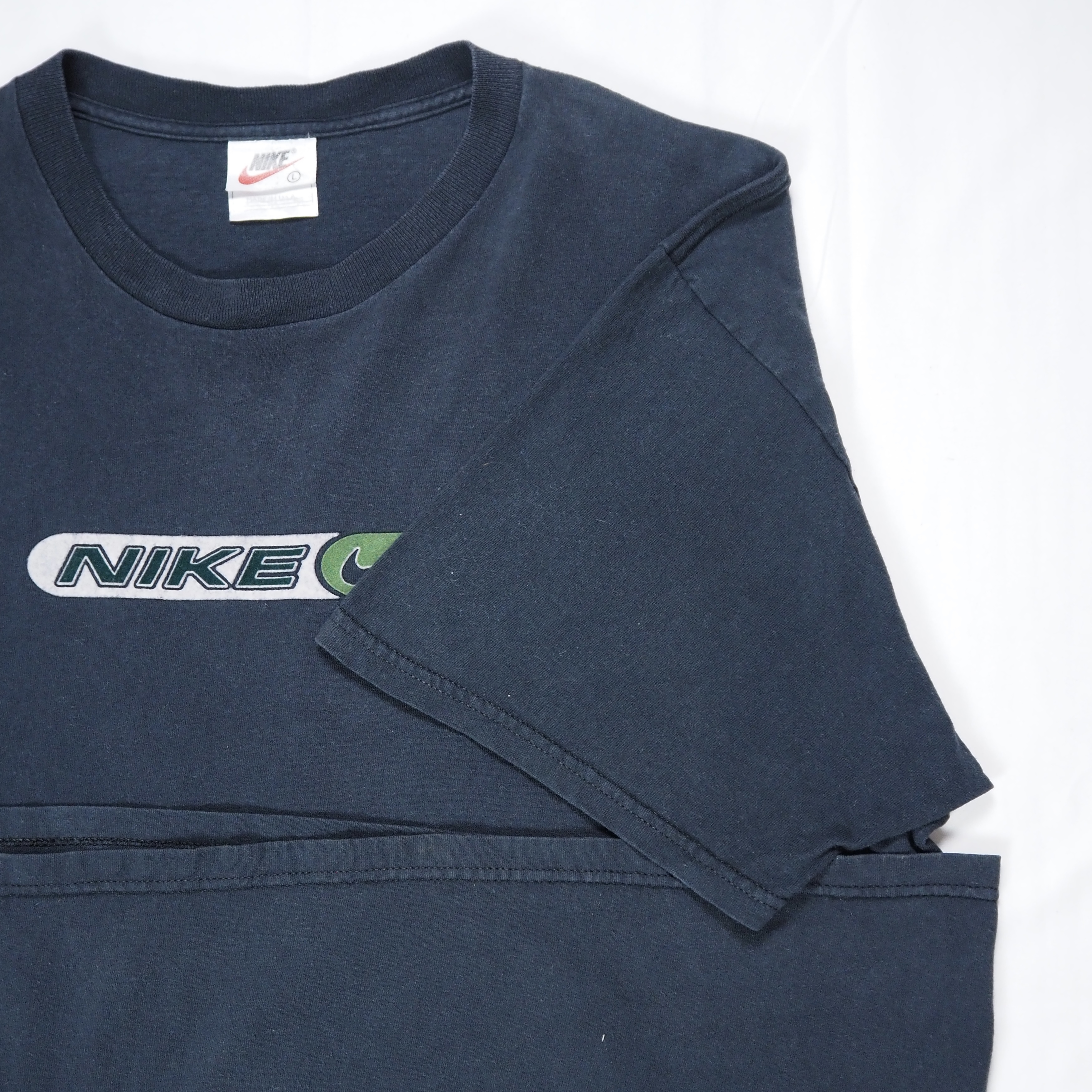 90’s-00’s NIKE フロッキープリントロゴTシャツ ネイビー Lサイズ の画像 9