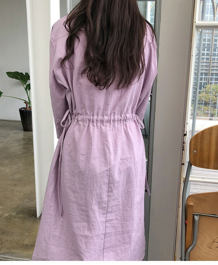 ラベンダーカラー シャツワンピース 長袖 膝下丈 ハイウエスト ウエスト絞り ポロ襟 ゆったり おおきめ カジュアル ナチュラル おでかけ 通勤 通学 Petitefleur