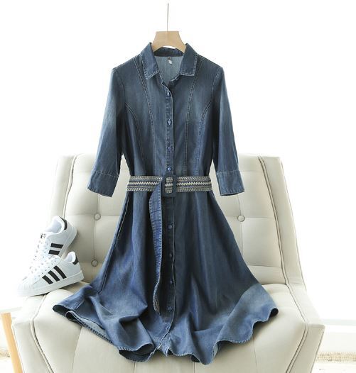 きれいめデニムワンピース シャツワンピ 七分袖 ミモレ丈 刺繍 ベーシック 秋冬 レディース 30代 40代 オフィス 学校行事 女子会 Dj Freak