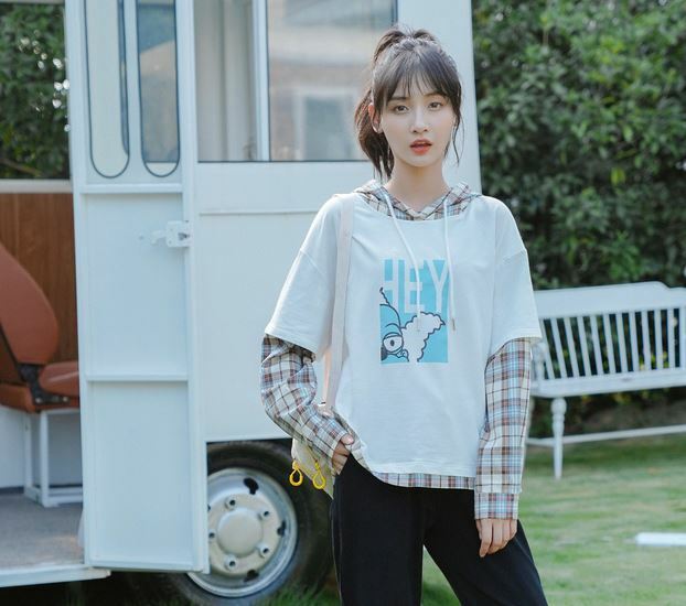 19 秋新作 レディース 重ね着風 フロントプリント フード付き パーカー 長袖 チェックシャツ カジュアルtシャツ 大人カジュアル Manajily オルチャン 韓国 プチプラレディースファッション