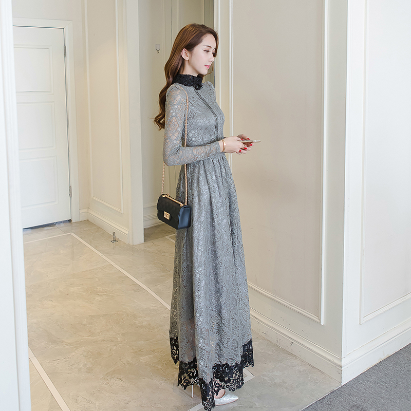 総レースマキシワンピース フロントピンタックがクラシカル 長袖スタンドカラーお嬢様ロングワンピース グレー ブラック レースワンピース 黒 白 総レース 白レース 大きいサイズ パーティー ピンク 黒レース 体系カバー 韓国 刺繍 キャバ 新作 Ladys Paradise